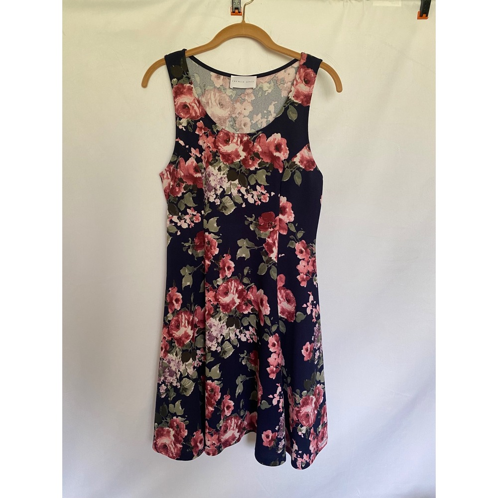 French Grey Navy Blue Pink Floral Sleeveless Skater Dress Large DR7900STA